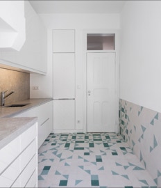 mosaico hidráulico padrão Meia Esquadria aplicado numa cozinha em Lisboa