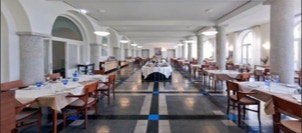 mosaico hidráulico monocromático cinzento, preto e azul aplicado no pavimento do restaurante na pousada da Serra de Estrela num projecto de arquitectura do Souto Moura Arquitectos